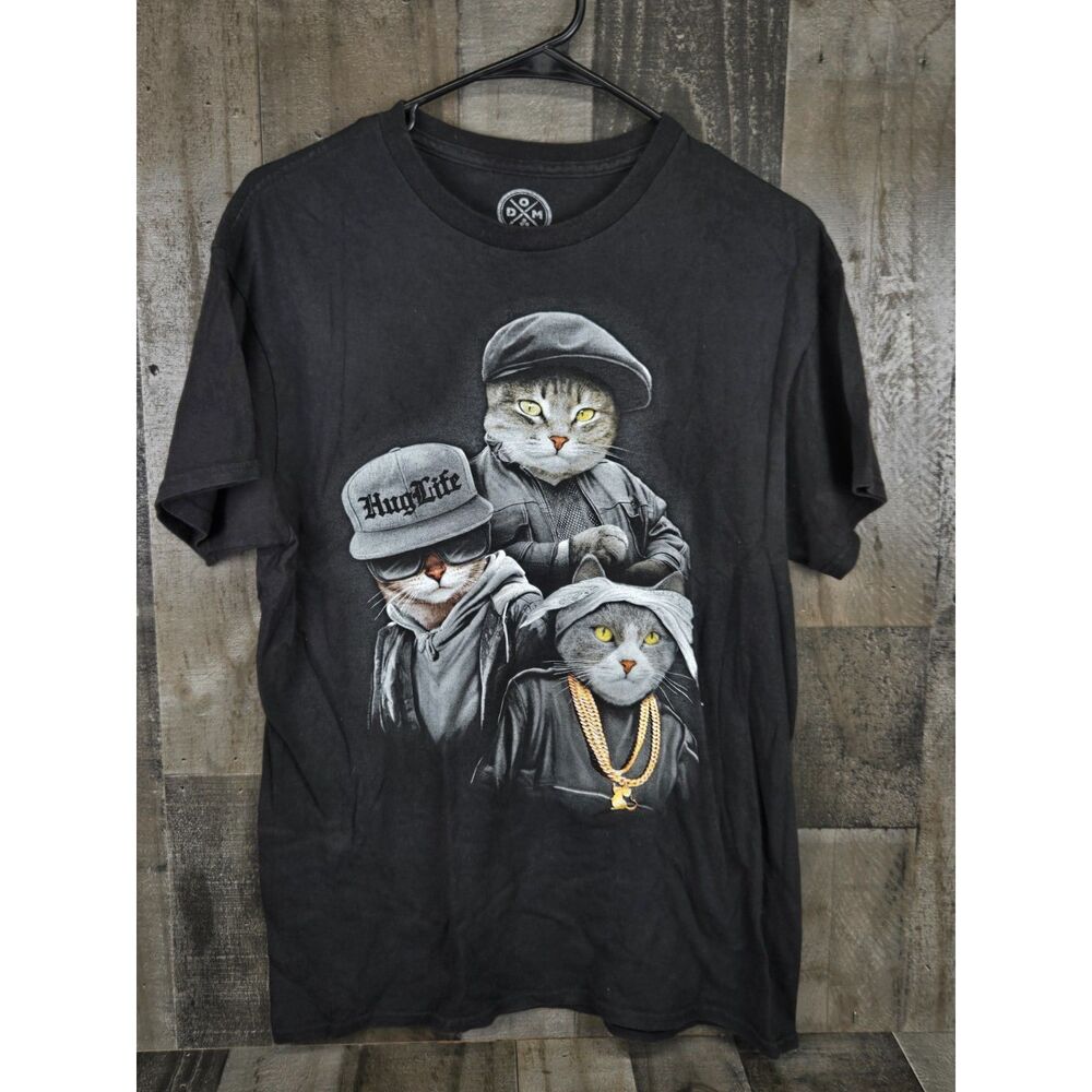 Cat Rapper Trio Hug Life Black Cotton T-Shirt By DOM Size Med